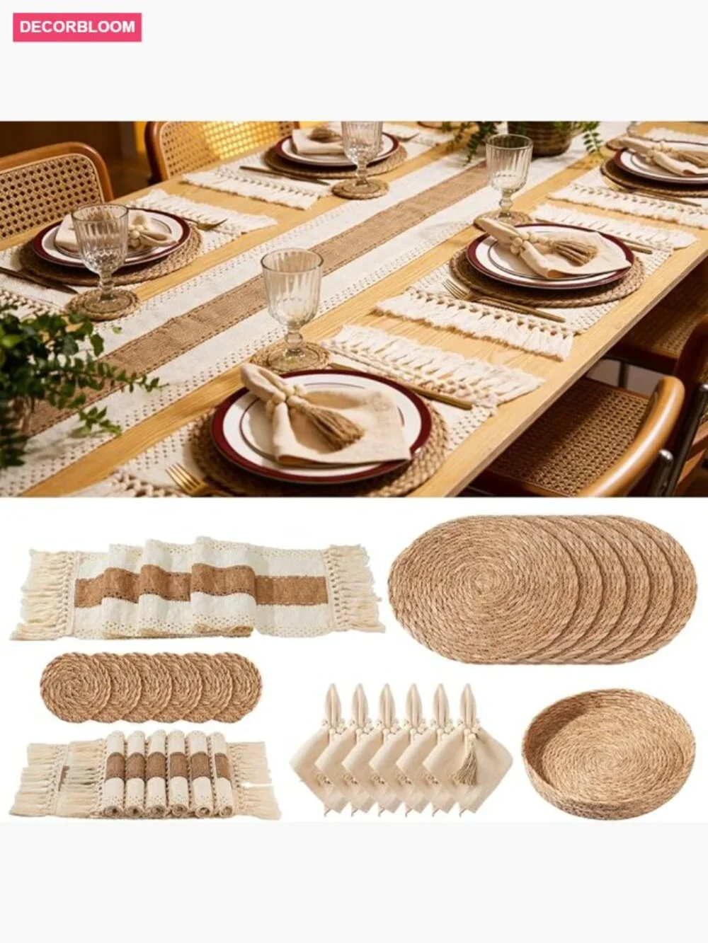 32 Pcs Boho Placemats Table Setting Set - Hand-Woven Water Hyacinth Mats, Cloth